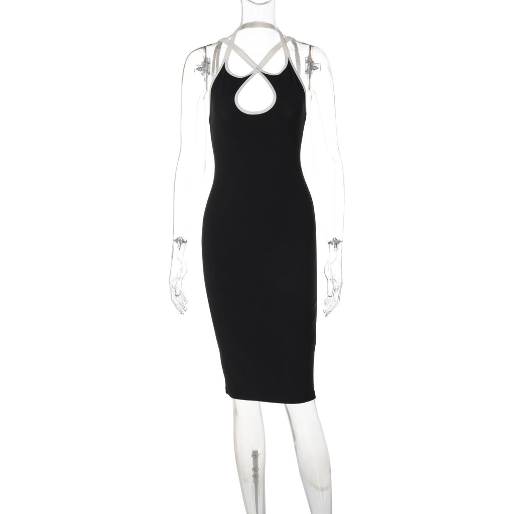 Contrast Color Hollow Out Cutout Slim Fit Dress Women Clothing Spring Halter Backless Lace up Hip Bella Mia