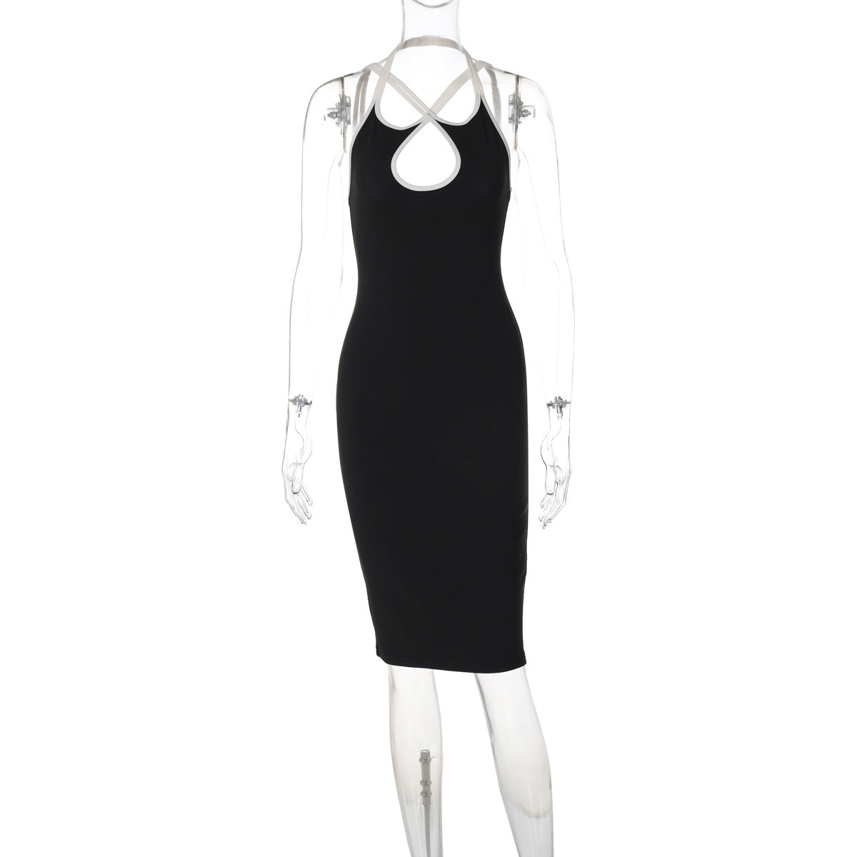 Contrast Color Hollow Out Cutout Slim Fit Dress Women Clothing Spring Halter Backless Lace up Hip Bella Mia
