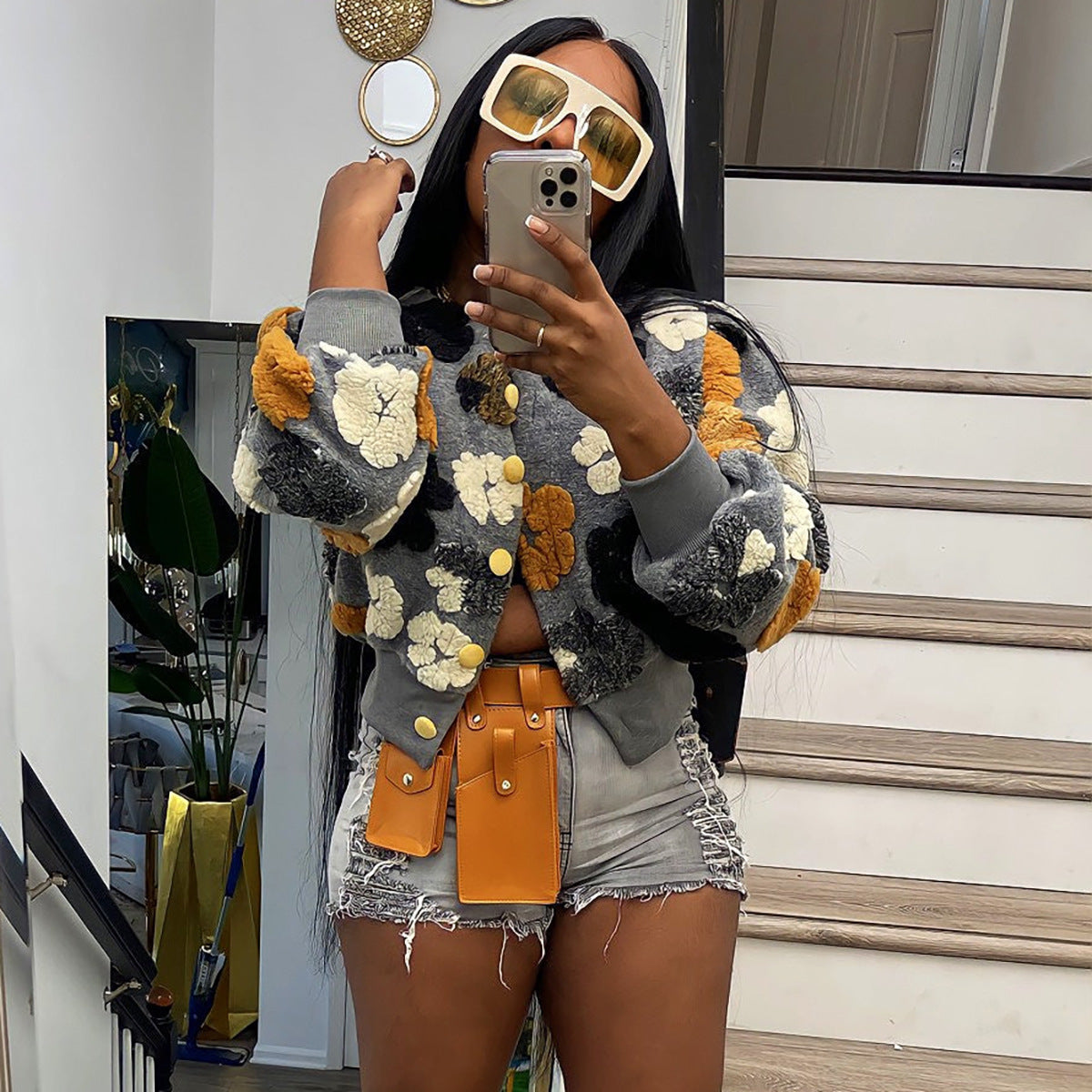 Autumn Winter Retro Three Dimensional Floral Loose Single Breasted Cardigan Short Coat Trend Women Clip 3D Rose Bella Mia