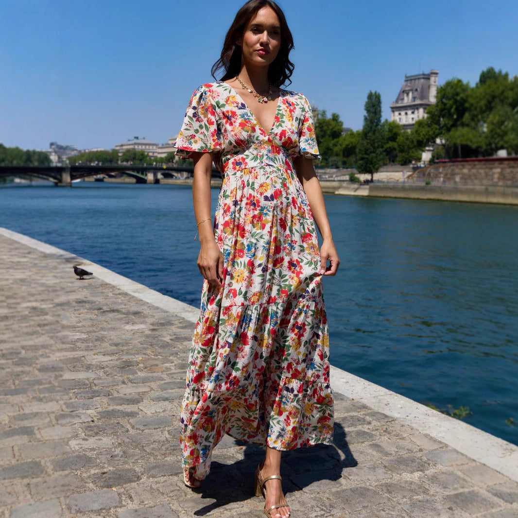 Autumn Floral V neck Flared Sleeves French Dress Maxi Dress Bella Mia