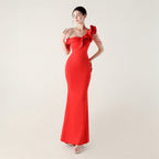 Ruffled One Shoulder Heavy Industry Beads String Slim Fit Satin Fishtail Evening Dress Wedding Red Carpet Cocktail Dress Bella Mia