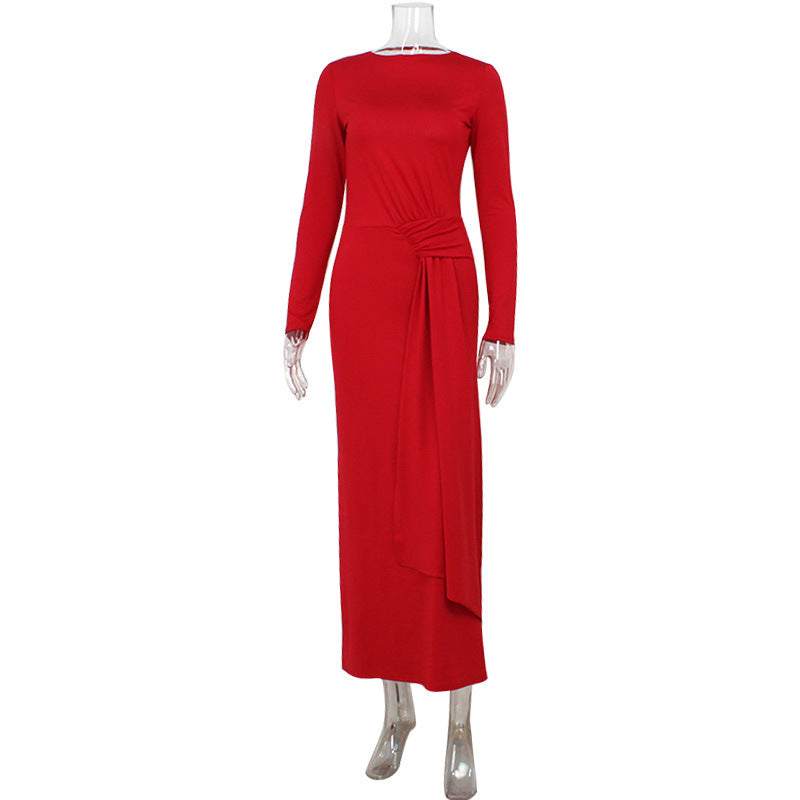 Round Neck Long Sleeve Bare Back Waist Controlled Lace up Elegant Slim Red Carpet Dress Bella Mia