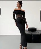 Hollow Out Cutout out Summer off-Shoulder Lace Maxi Dress Long Sleeve High Grade Sexy Sheath Dress Women Clothing Bella Mia