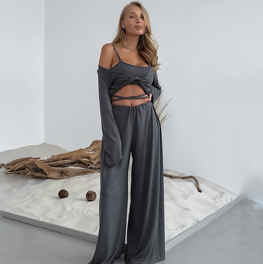 Suspender Top Trousers Long Sleeve Three Piece Set Comfortable Pajamas Autumn Knit Casual Homewear Bella Mia