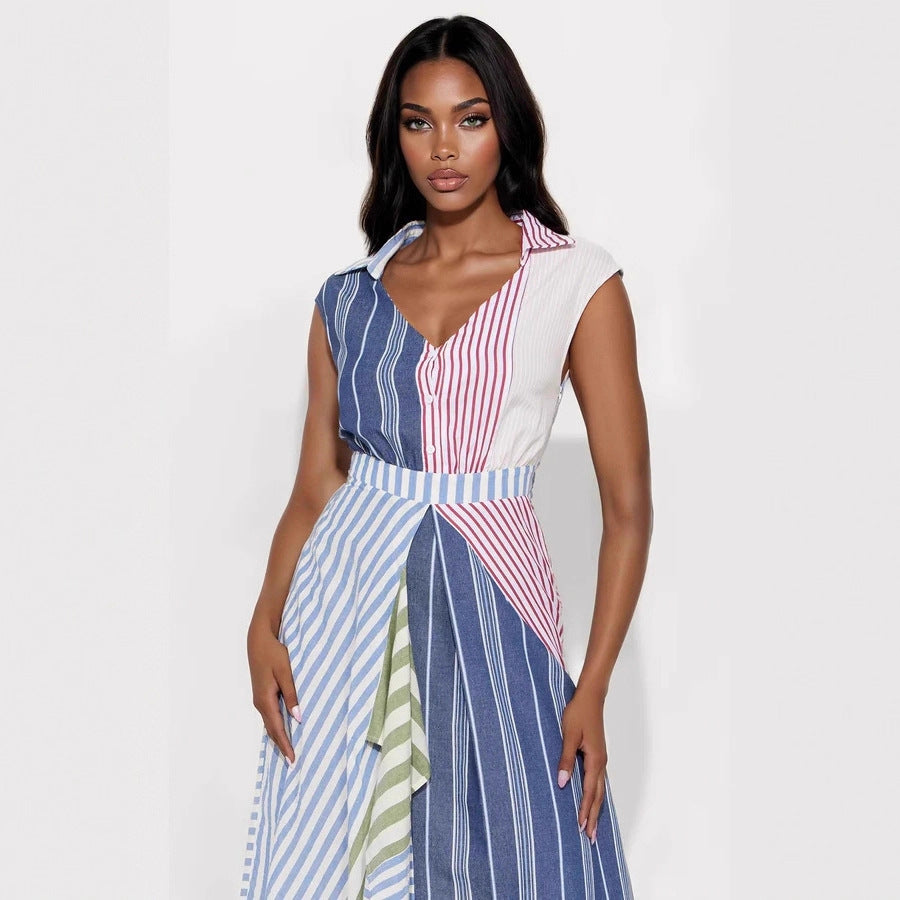 Women Clothes Cool Contrast Color Patchwork Stripes V neck Dress Irregular Asymmetric Cinched A line Dress Bella Mia