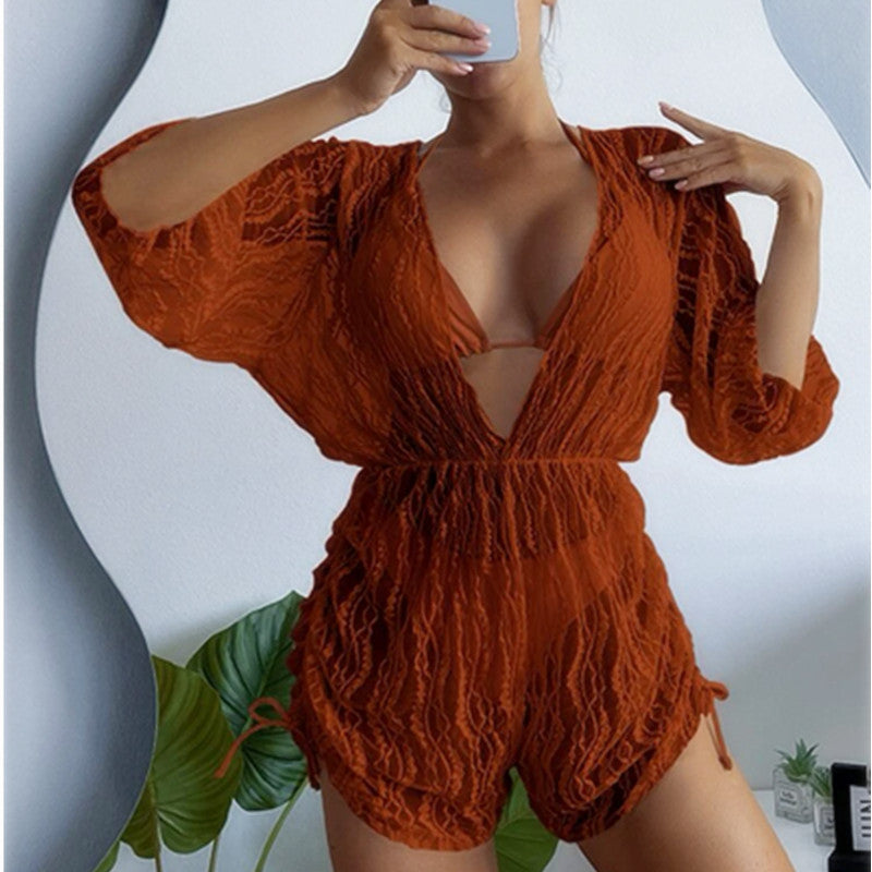 Long Sleeve Mesh Corset Swimsuit Women High Waist Drawstring Sun Protective Blouse Three Piece Bikini Bella Mia