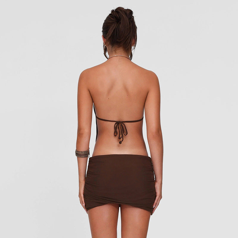 Summer Women Clothes Metal Ring Halter Sexy Backless Lace up Hip Dress Bella Mia