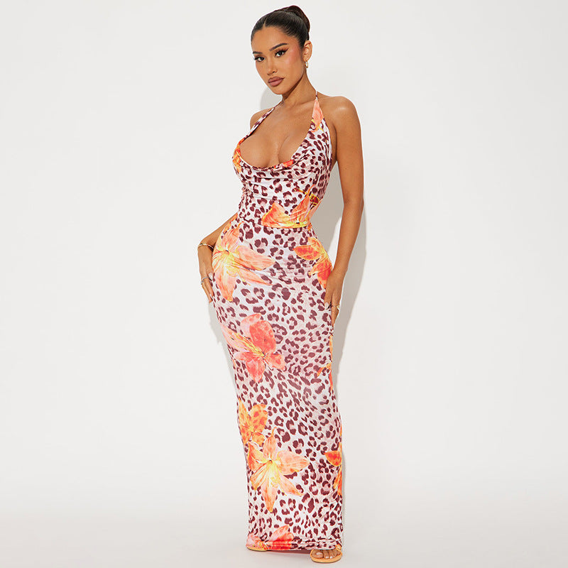 Women Clothing Dignified Floral Leopard Print Swing Collar Backless Rope Skinny Maxi Dress Bella Mia