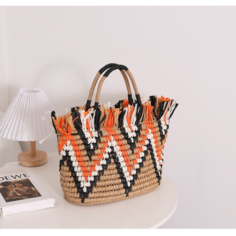 Color Matching Loose Edge Straw Bag Loose Edge Portable Color Matching Woven Bag Seaside Vacation Beach Bag Women Bag Bella Mia