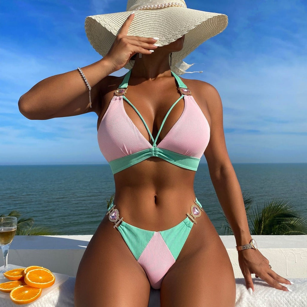 Color Matching Lace up Sunken Stripe High Waist Bikini Sexy Split Swimsuit Bella Mia