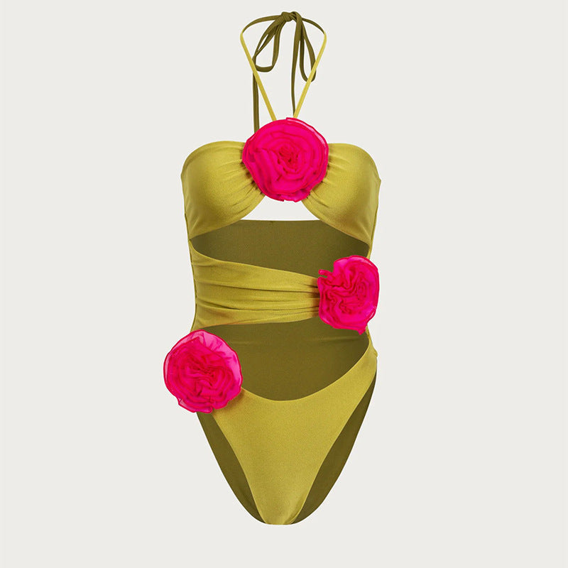 Sexy Solid Color Halter Tether Three Dimensional Floral Design One Piece Swimsuit Swimwear Bella Mia