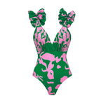 V neck Pleated Print Vacation Swimsuit Women Set Bella Mia