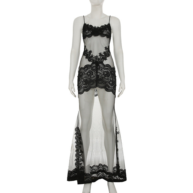 Summer Women Mesh Lace Lace Spaghetti Strap Dress See through Sexy Nightdress Vacation Maxi Dress Bella Mia