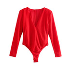 Women Clothing Sexy Four Color Deep V Plunge neck Padded Shoulder Close Fitting Inner Bodysuit Bella Mia