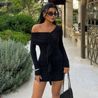 Arrival Solid Color Pleated Diagonal Collar Slim Sheath Elegant Short Dress Bella Mia