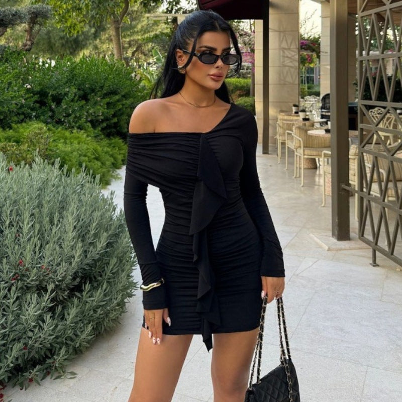 Arrival Solid Color Pleated Diagonal Collar Slim Sheath Elegant Short Dress Bella Mia