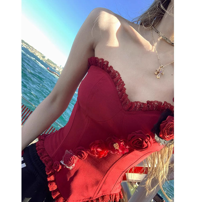 Sexy Street Red Women Three Dimensional Handmade Lace Boning Corset Advanced Tube Top Bella Mia