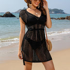 Beach Dress Blouse Women Clothing Hollow Out Cutout Beach Dress Drawstring Short V neck Dress Blouse Bella Mia