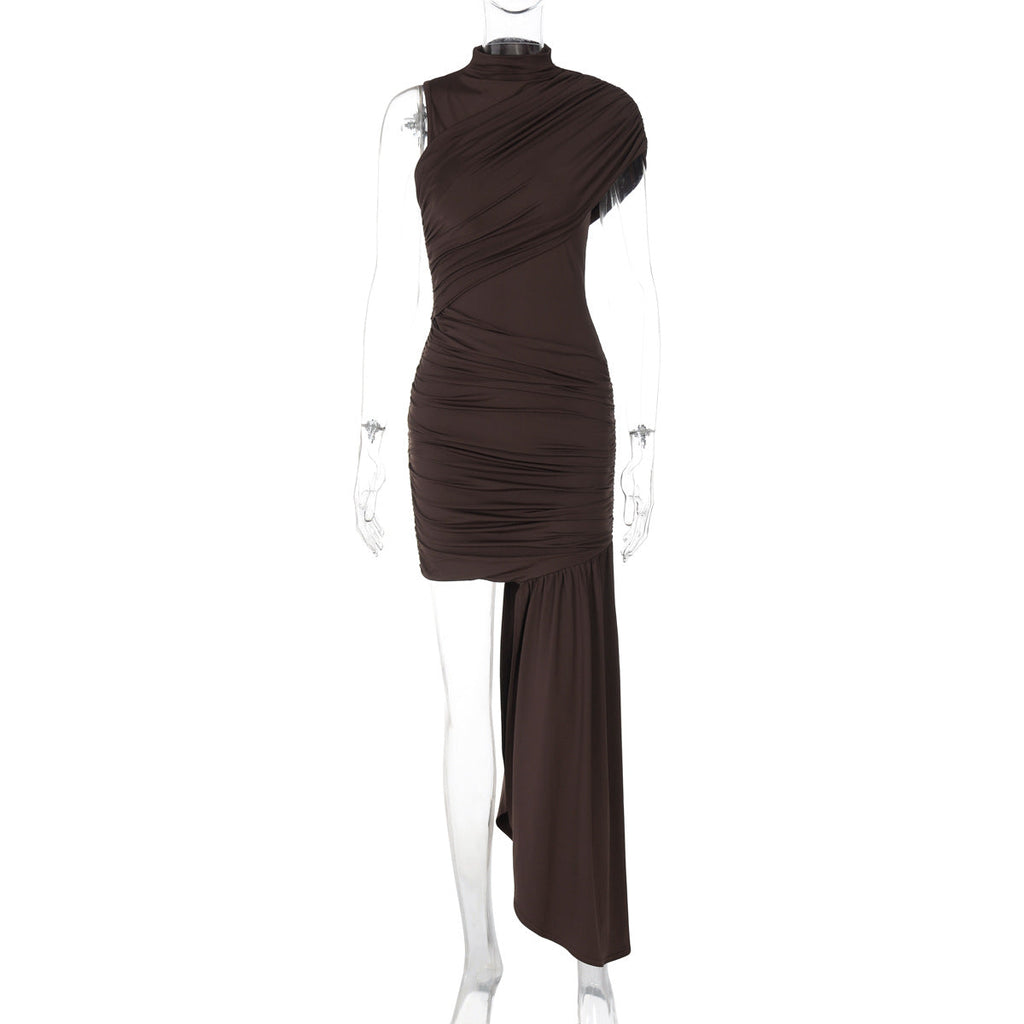 Women Clothing Spring Summer Slim round Neck Pleated Hip Irregular Asymmetric Sleeveless Dress Bella Mia