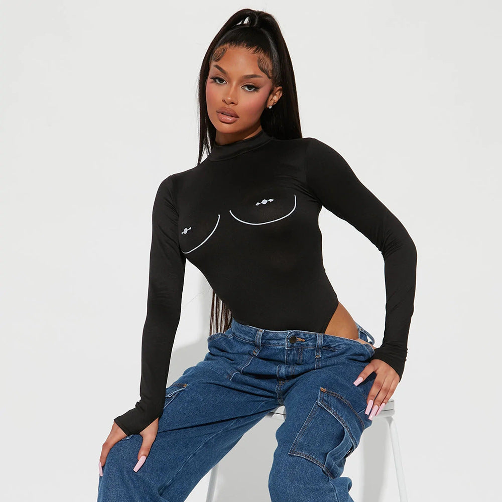 Sexy Long Sleeved Printed High Elastic Bodysuit Hollow Out Cutout Women Top Bella Mia
