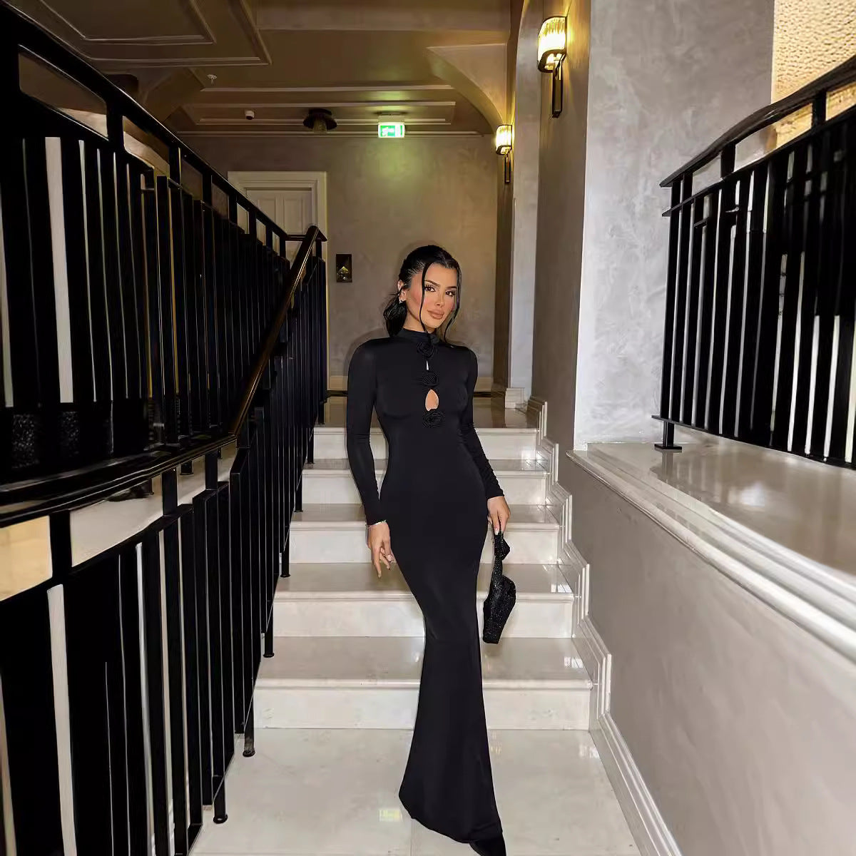 Fall Women Clothing Sexy Cutout Socialite Private Clothing Elegant Three Dimensional Floral Long Sleeve Slim Maxi Dress Bella Mia