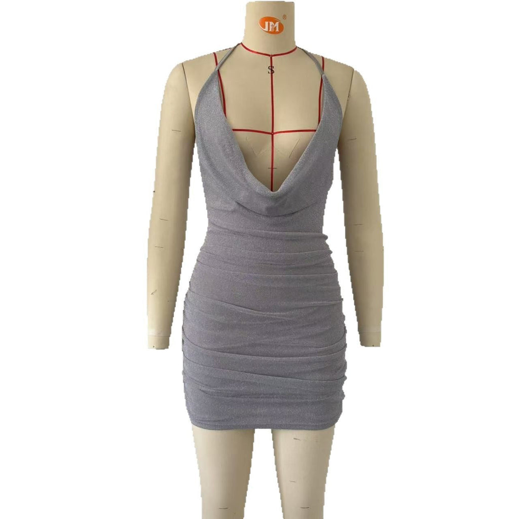 Women Sexy Low Cut Halter Hip Dress Pleated Slim Fit Backless Sexy Dress Bella Mia