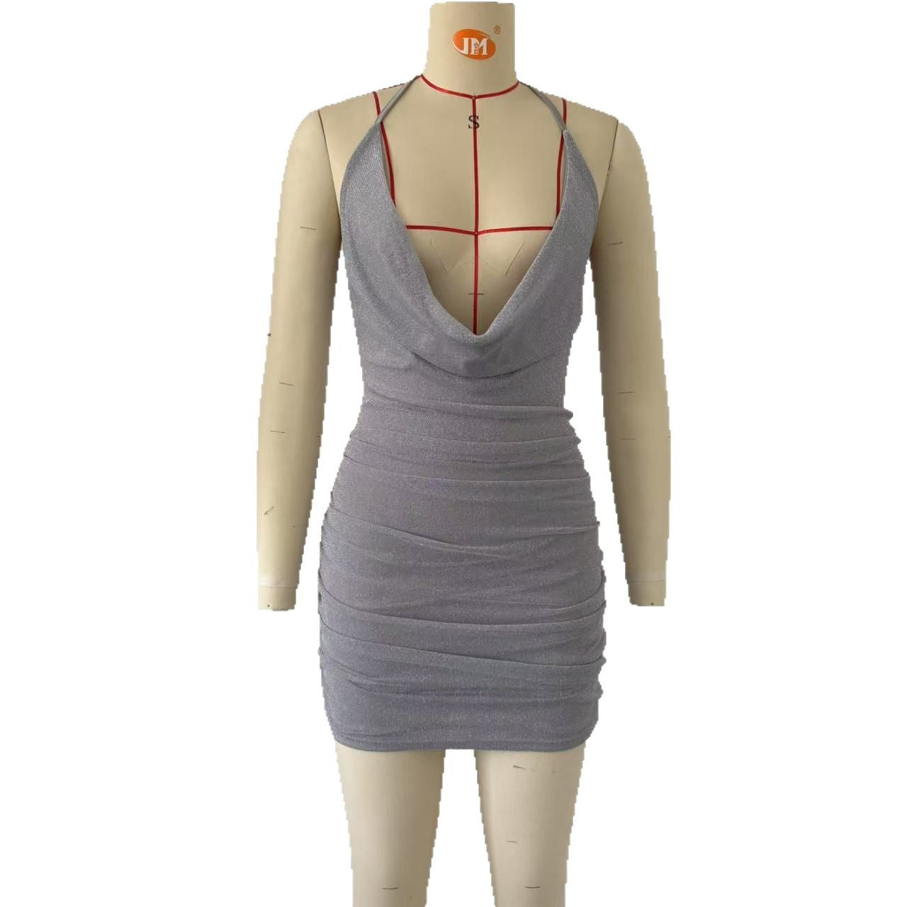 Women Sexy Low Cut Halter Hip Dress Pleated Slim Fit Backless Sexy Dress Bella Mia