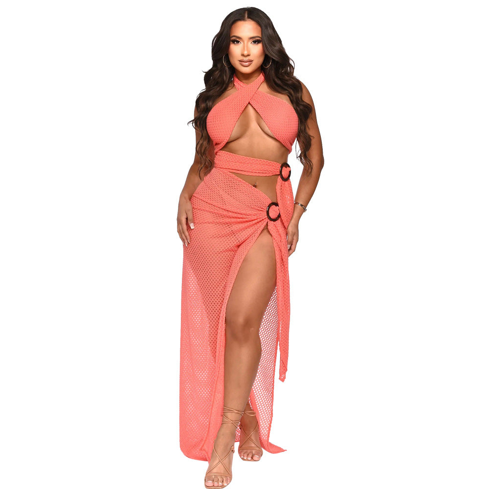 Sexy Halter Mesh Slim Fit High Slit Dress Women Solid Color Bella Mia