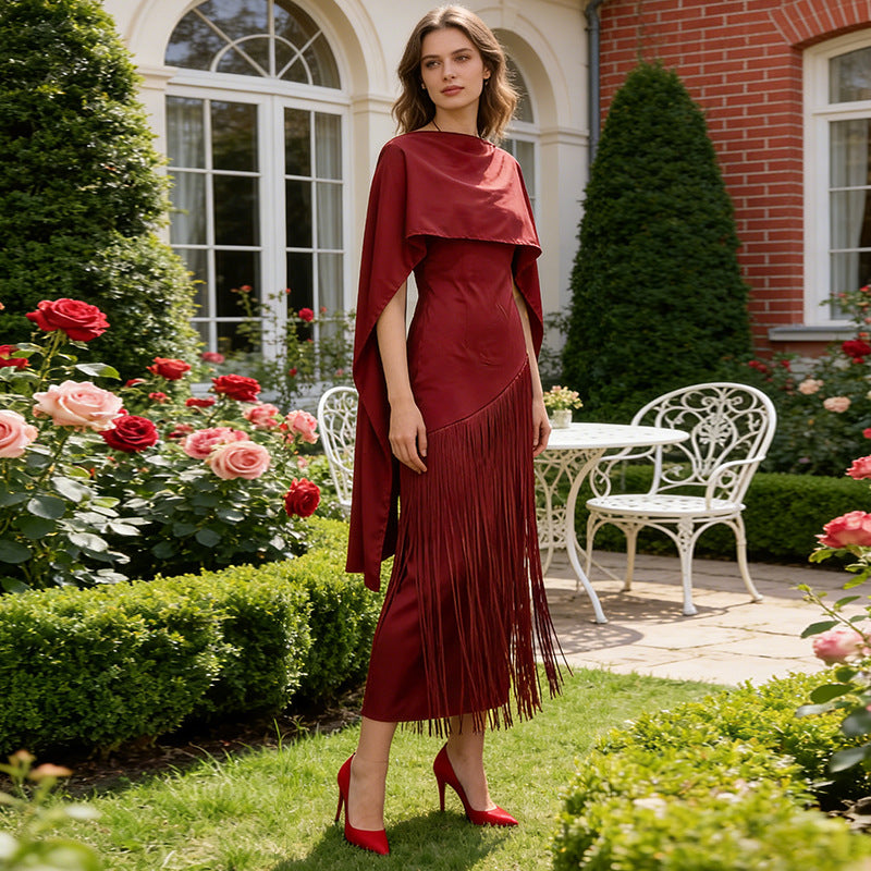 Spring Elegant Retro Faux Two Piece Long Skirt Shawl Design Tassel Dress Swing Dress Women Bella Mia