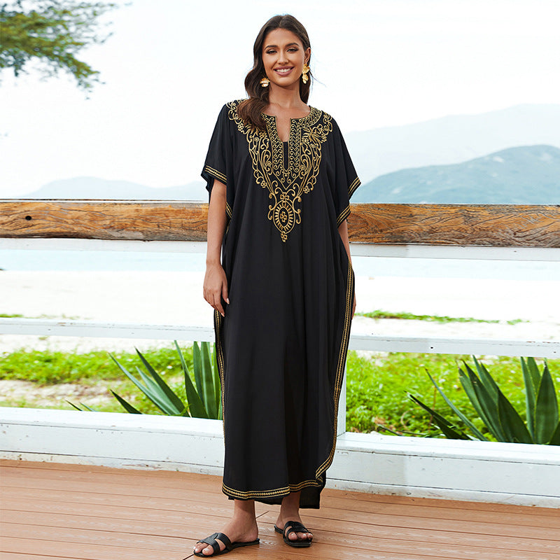 Cotton Embroidered Casual Vacation Loose Maxi Dress Beach Jacket Women Maxi Dress Beach Cover Up