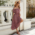 Women Floral off Shoulder Short Sleeve Retro Vacation Dress Bella Mia