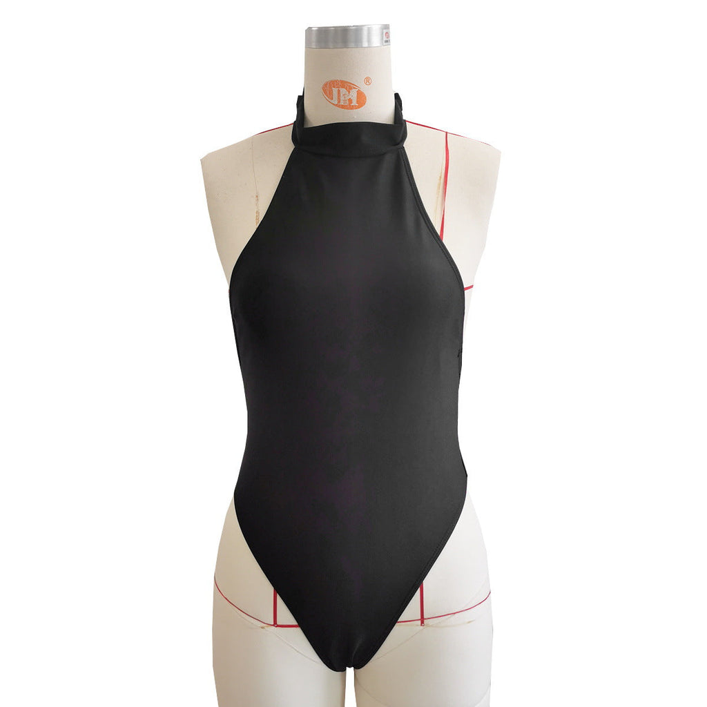 Pure Black One Piece Swimsuit Women Diamond Chain Sexy Backless One Piece Halter Strap Swimming Bella Mia