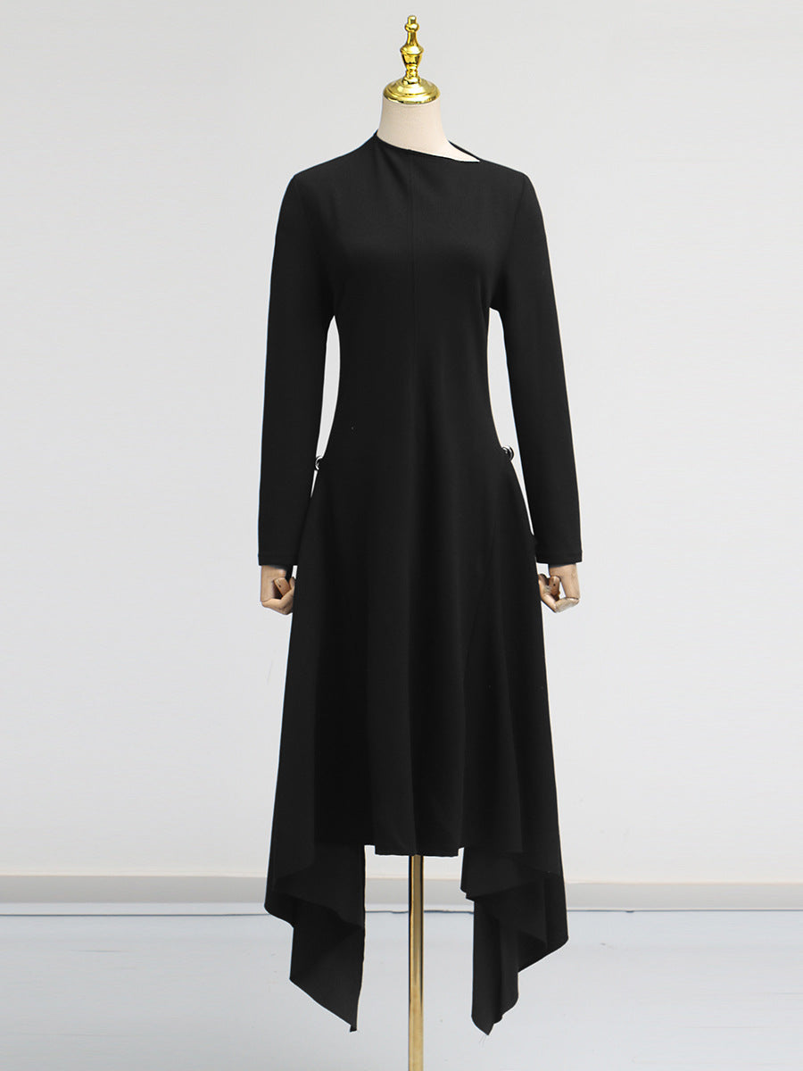 Simple Solid Color Dress Spring High Grade Waist Slimming Irregular Asymmetric Dress Women Bella Mia