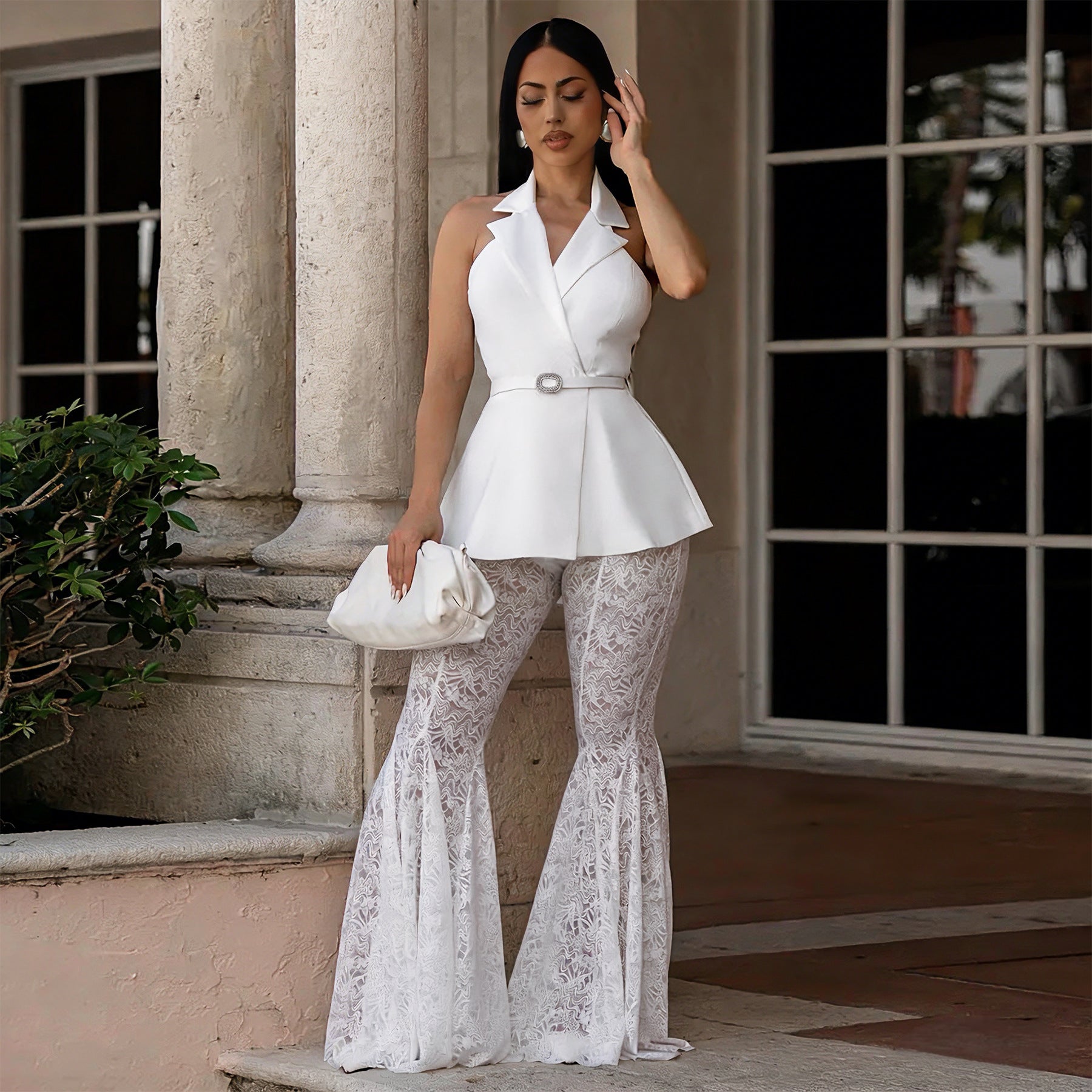 Sleeveless Backless Sexy Lace Bell Bottom Pants Two Piece Set