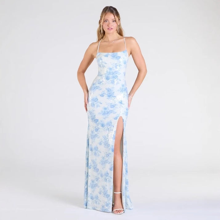 Popular Floral Strap Dress Women Mid Length Dress Slim Split Evening Dress Bella Mia