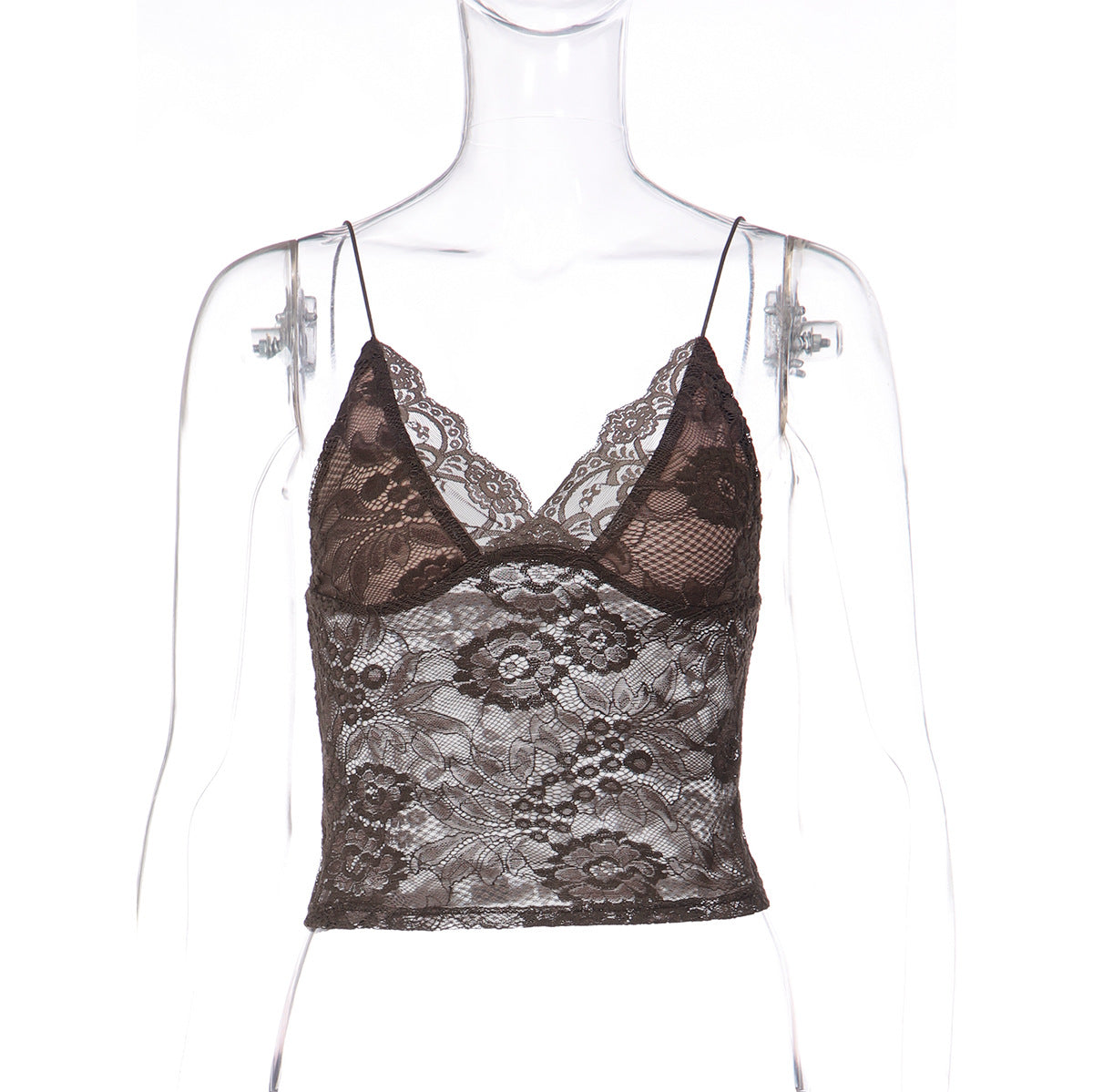 Women Clothing Sexy See through Lace Lace Spaghetti Strap Bandeau Slim Fit Deep V Plunge Vest Bella Mia
