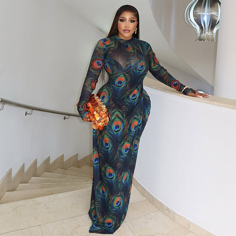 Graceful Personality Women Clothing Printed Sexy Hip Slightly Transparent Turtleneck Long Sleeve Slim Fit Dress Bella Mia