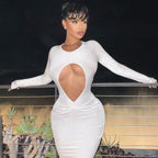 Women Clothing Autumn Sexy Cutout Slim Pleated Solid Color Long Sleeve Dress Bella Mia