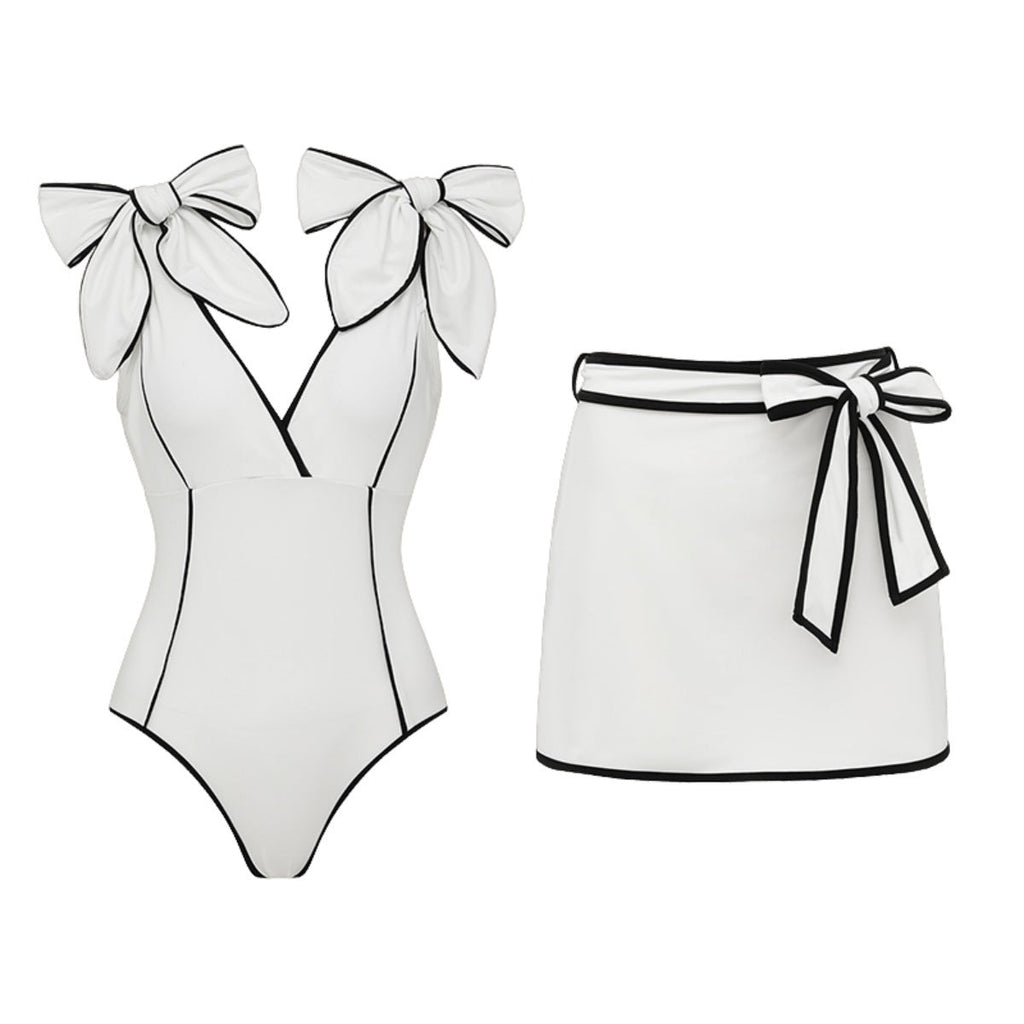 Swimsuit Black White Color Matching Sweet Girl Bow Swimsuit Women White Skirt Bella Mia