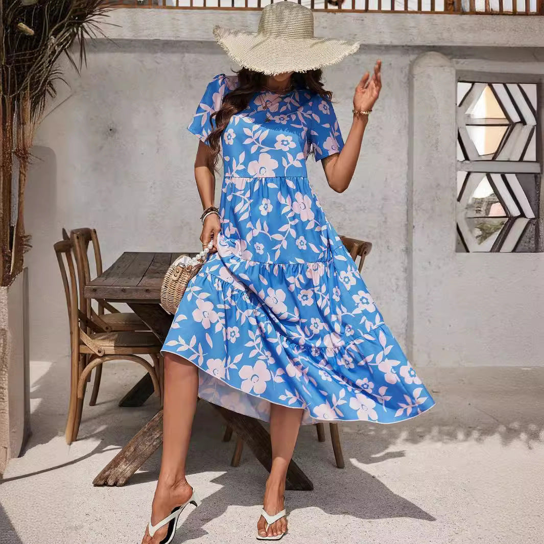 Elegant Ladies Large Floral Multi Layer Ruffled Patchwork Length Dress