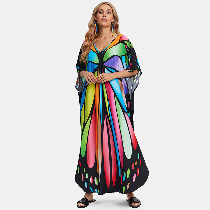 Rayon Printed Loose plus Size Robe Beach Cover up Vacation Maxi Dress Sun Protection Shirt Women Bella Mia