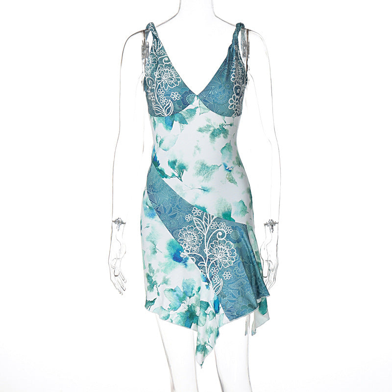 Summer Women V neck Twist Spaghetti Strap Floral Print Dress Short Women Bella Mia