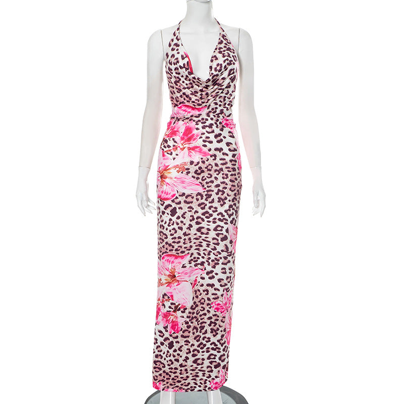 Women Clothing Dignified Floral Leopard Print Swing Collar Backless Rope Skinny Maxi Dress Bella Mia
