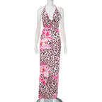 Women Clothing Dignified Floral Leopard Print Swing Collar Backless Rope Skinny Maxi Dress Bella Mia