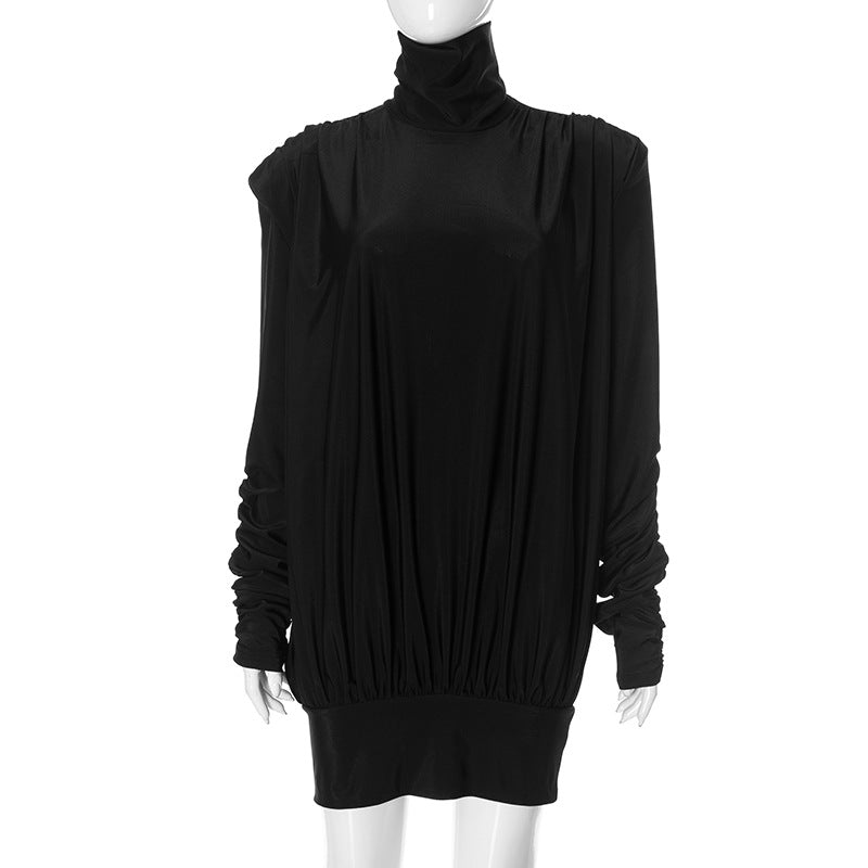 Women Clothing Autumn Winter Turtleneck Padded Shoulder Loose Pleated Sexy Backless Dress Bella Mia