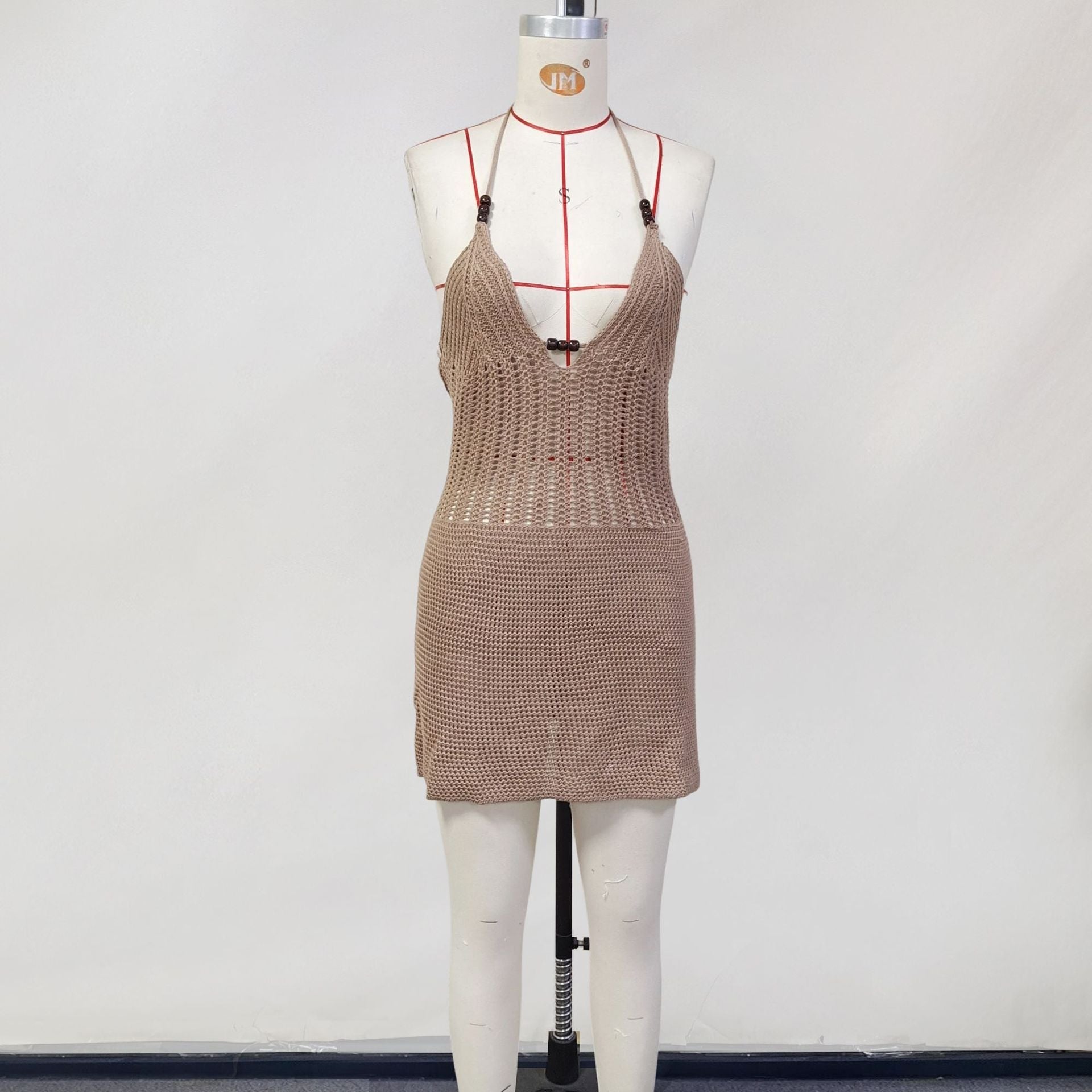Women Spring Clothing Knitted Hollow Out Cutout Sexy V neck Halter Backless Lace up Beach Dress Women Bella Mia
