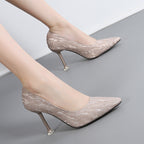 Korean Cocktail High Heels Metal Heel High Heel Low Cut Pointed Shining Sequin Cloth Pumps Bella Mia