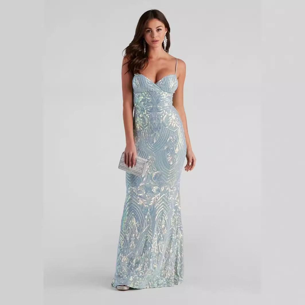 Sexy V neck Sequ Floor Length Evening Dress Elegant Graceful Cocktail Party Formal Dress Women Clothing Bella Mia