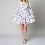 Spring Women Clothing Sweet Elegance Printed V neck Lace Waist Trimming Short Dress Bella Mia