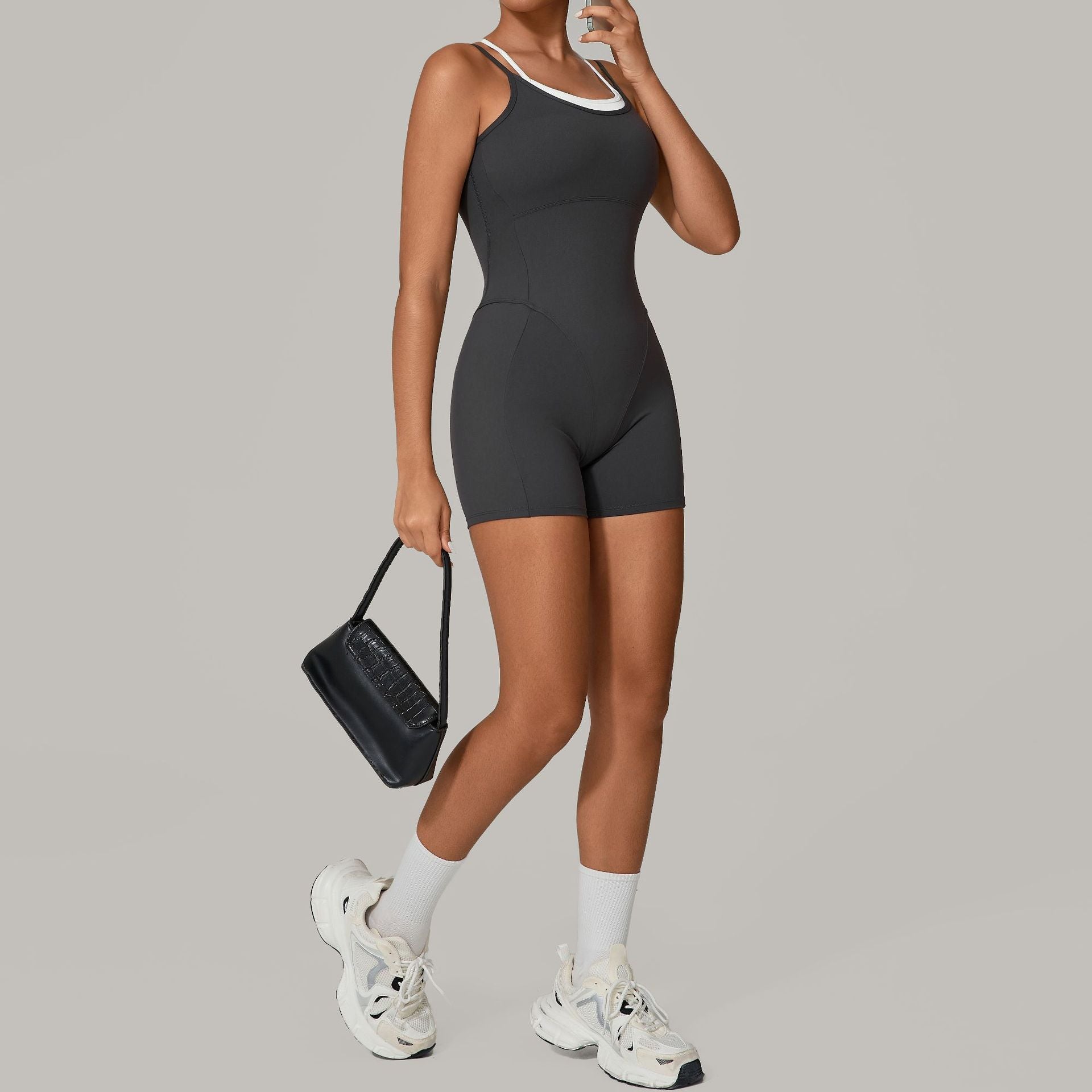 Autumn Sand Faux Two Piece Contrast Color Sling Sports Jumpsuit One Piece Yoga Clothes Backless Outdoor Fitness One Piece Bella Mia